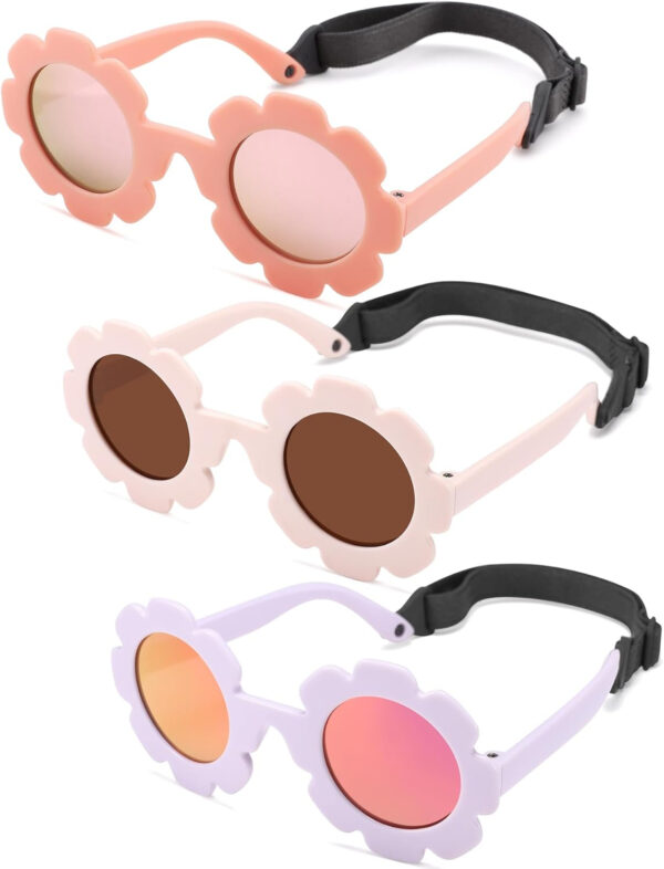 COASION 3 Pack Bendable Polarized Sunglasses with Strap for Newborn Baby Girls Boys 0-12 Months, Flower Design