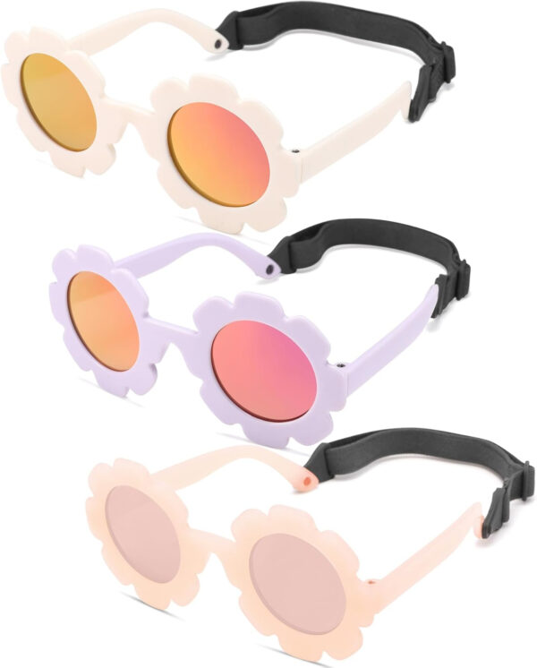 COASION 3 Pack Bendable Polarized Sunglasses with Strap for Newborn Baby Girls Boys 0-12 Months, Flower Design