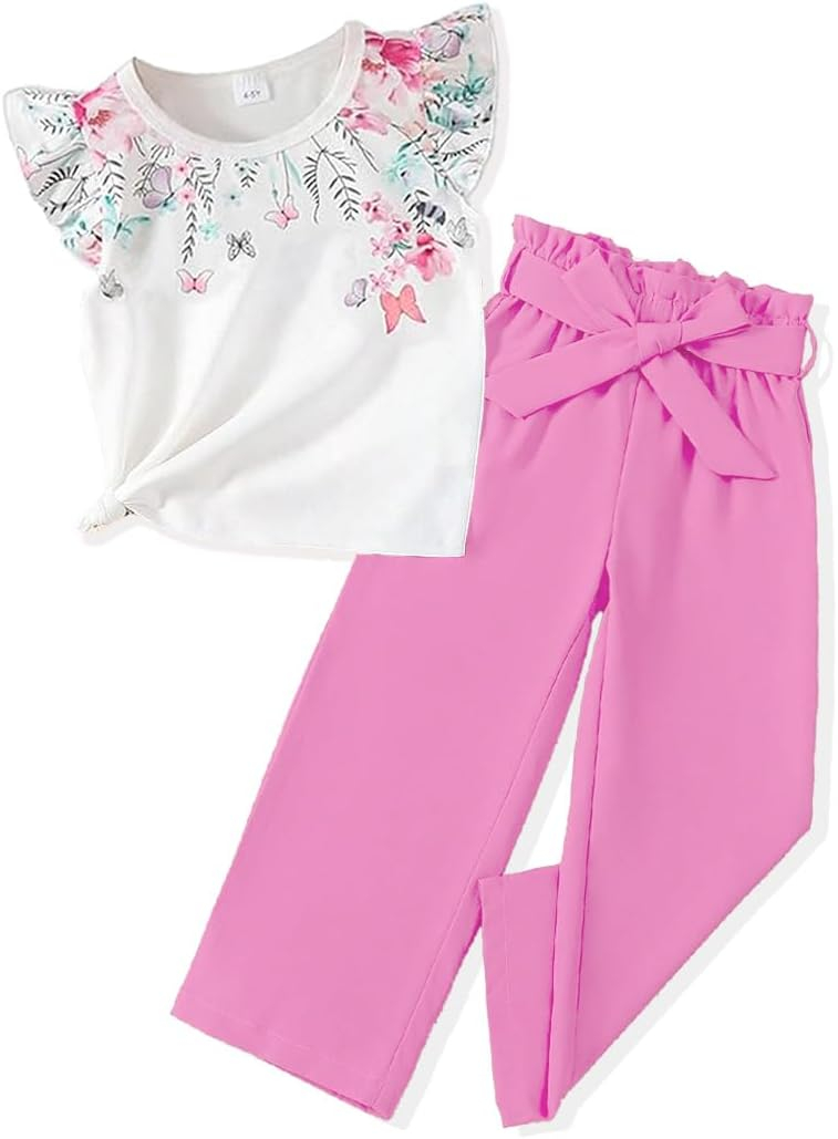 Toddler Kid Girl Clothes Casual Ruffle Sleeve Floral Printed Top Solid Pants with Belt 3PC Outfit Set