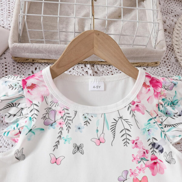 Toddler Kid Girl Clothes Casual Ruffle Sleeve Floral Printed Top Solid Pants with Belt 3PC Outfit Set