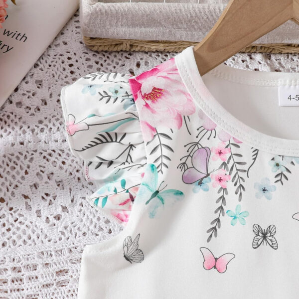 Toddler Kid Girl Clothes Casual Ruffle Sleeve Floral Printed Top Solid Pants with Belt 3PC Outfit Set
