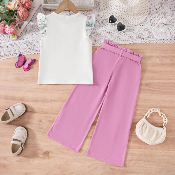 Toddler Kid Girl Clothes Casual Ruffle Sleeve Floral Printed Top Solid Pants with Belt 3PC Outfit Set