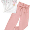 Toddler Kid Girl Clothes Casual Ruffle Sleeve Floral Printed Top Solid Pants with Belt 3PC Outfit Set