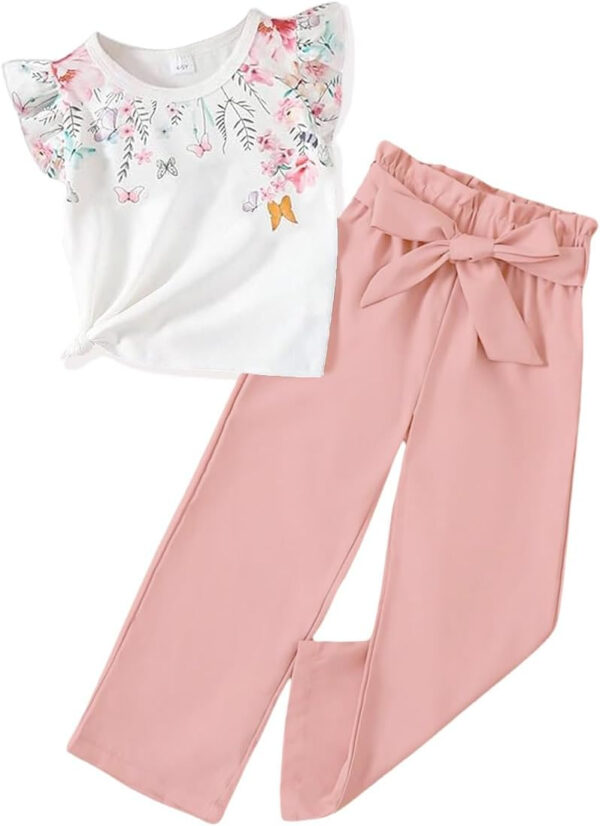 Toddler Kid Girl Clothes Casual Ruffle Sleeve Floral Printed Top Solid Pants with Belt 3PC Outfit Set