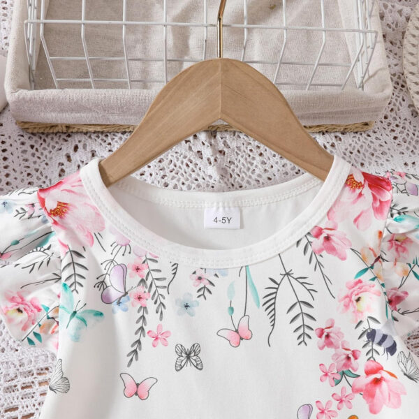 Toddler Kid Girl Clothes Casual Ruffle Sleeve Floral Printed Top Solid Pants with Belt 3PC Outfit Set