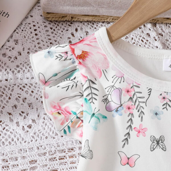 Toddler Kid Girl Clothes Casual Ruffle Sleeve Floral Printed Top Solid Pants with Belt 3PC Outfit Set