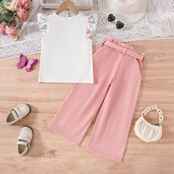 Toddler Kid Girl Clothes Casual Ruffle Sleeve Floral Printed Top Solid Pants with Belt 3PC Outfit Set