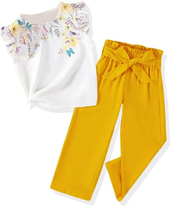 Toddler Kid Girl Clothes Casual Ruffle Sleeve Floral Printed Top Solid Pants with Belt 3PC Outfit Set