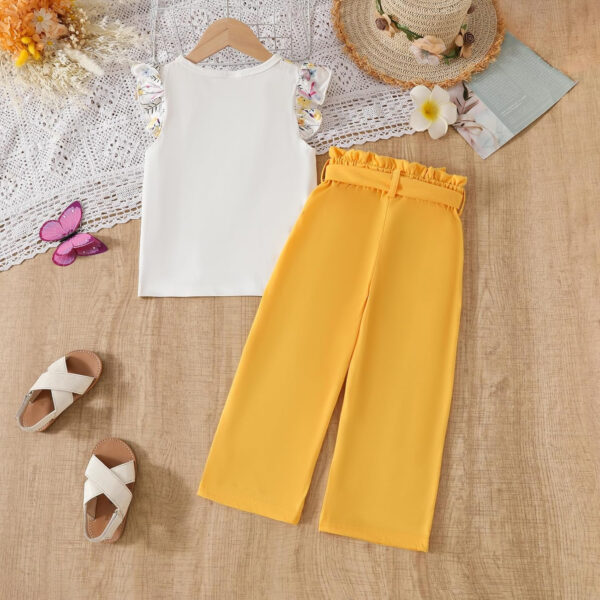 Toddler Kid Girl Clothes Casual Ruffle Sleeve Floral Printed Top Solid Pants with Belt 3PC Outfit Set