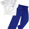 Toddler Kid Girl Clothes Casual Ruffle Sleeve Floral Printed Top Solid Pants with Belt 3PC Outfit Set