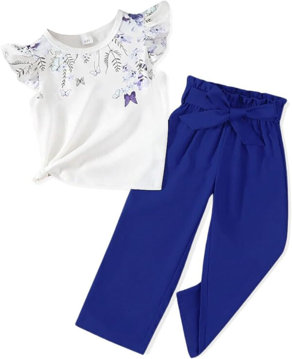 Toddler Kid Girl Clothes Casual Ruffle Sleeve Floral Printed Top Solid Pants with Belt 3PC Outfit Set