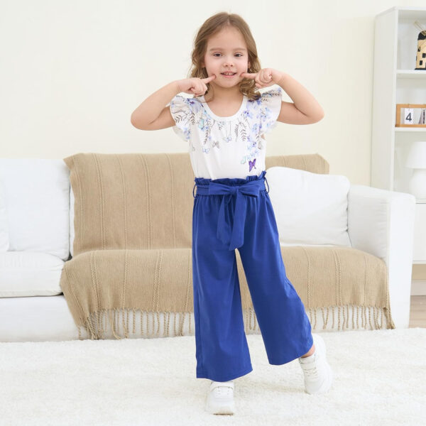 Toddler Kid Girl Clothes Casual Ruffle Sleeve Floral Printed Top Solid Pants with Belt 3PC Outfit Set