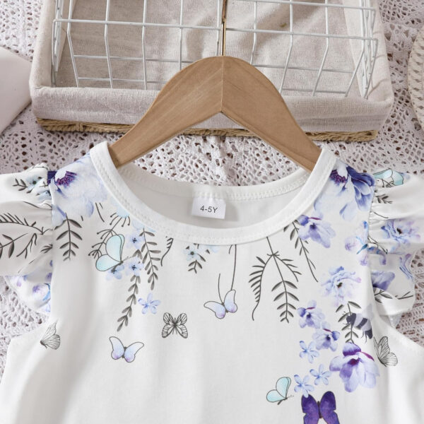 Toddler Kid Girl Clothes Casual Ruffle Sleeve Floral Printed Top Solid Pants with Belt 3PC Outfit Set