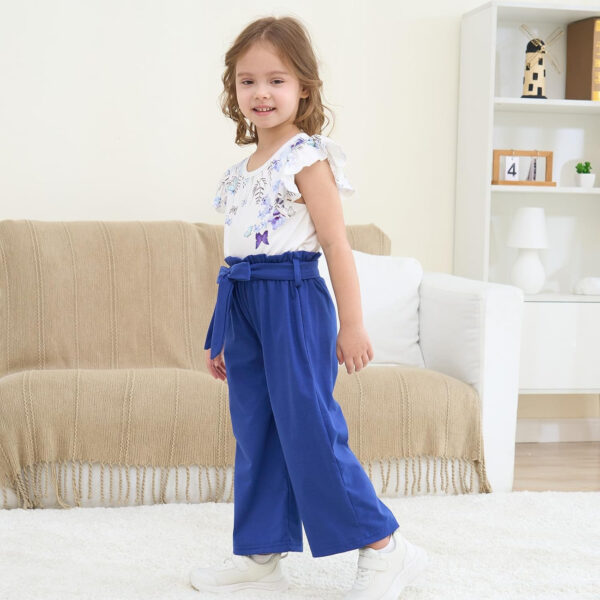 Toddler Kid Girl Clothes Casual Ruffle Sleeve Floral Printed Top Solid Pants with Belt 3PC Outfit Set