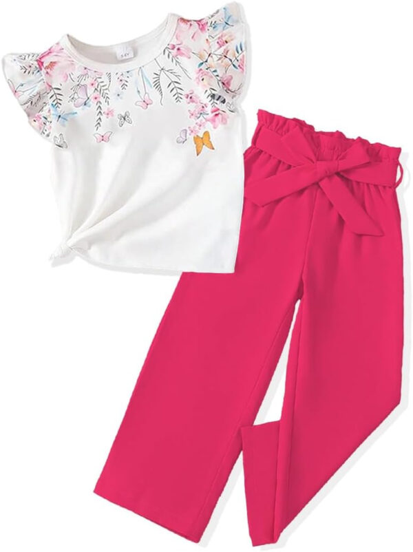 Toddler Kid Girl Clothes Casual Ruffle Sleeve Floral Printed Top Solid Pants with Belt 3PC Outfit Set