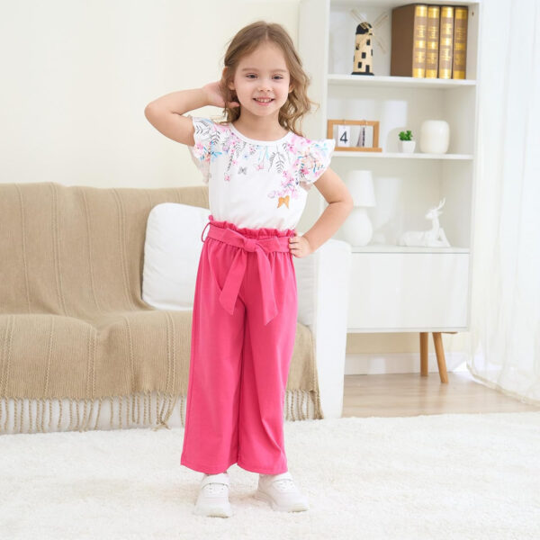 Toddler Kid Girl Clothes Casual Ruffle Sleeve Floral Printed Top Solid Pants with Belt 3PC Outfit Set