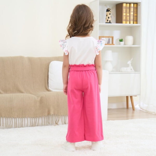 Toddler Kid Girl Clothes Casual Ruffle Sleeve Floral Printed Top Solid Pants with Belt 3PC Outfit Set