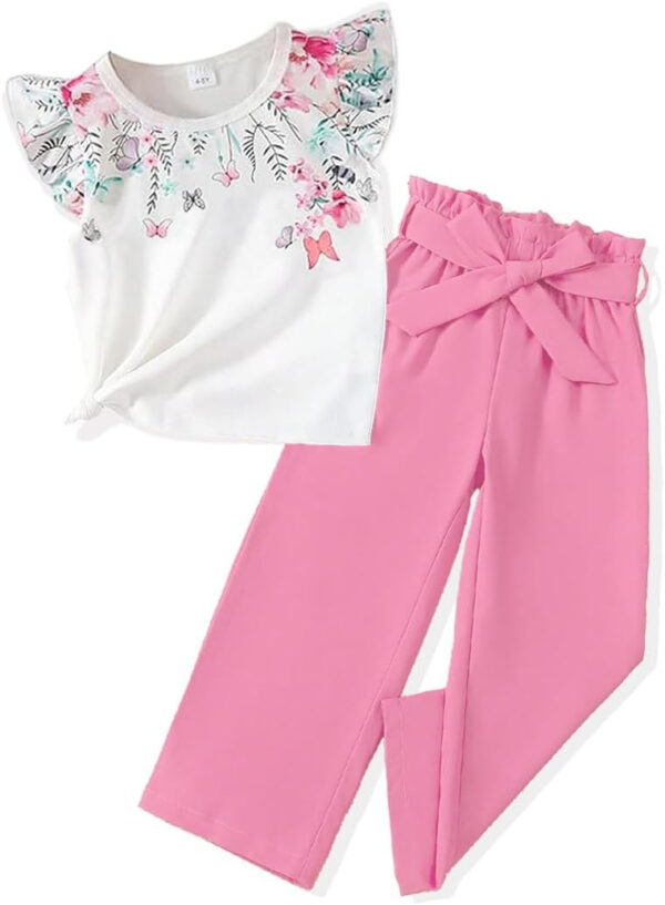 Toddler Kid Girl Clothes Casual Ruffle Sleeve Floral Printed Top Solid Pants with Belt 3PC Outfit Set