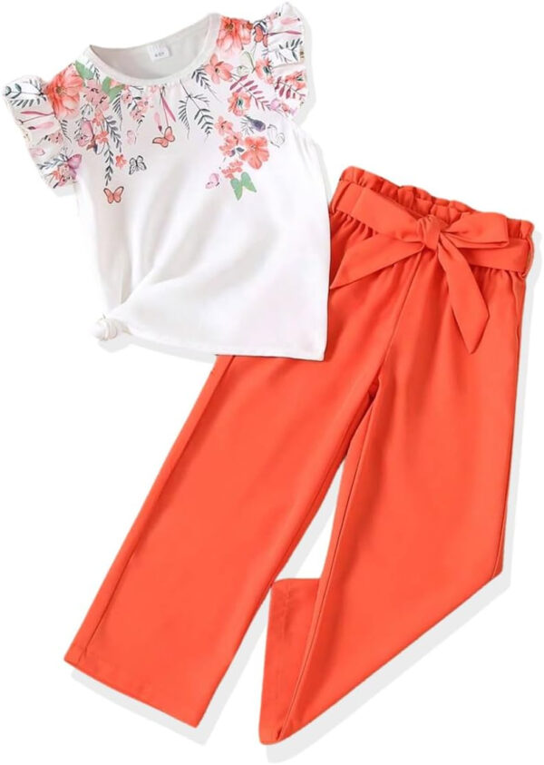 Toddler Kid Girl Clothes Casual Ruffle Sleeve Floral Printed Top Solid Pants with Belt 3PC Outfit Set