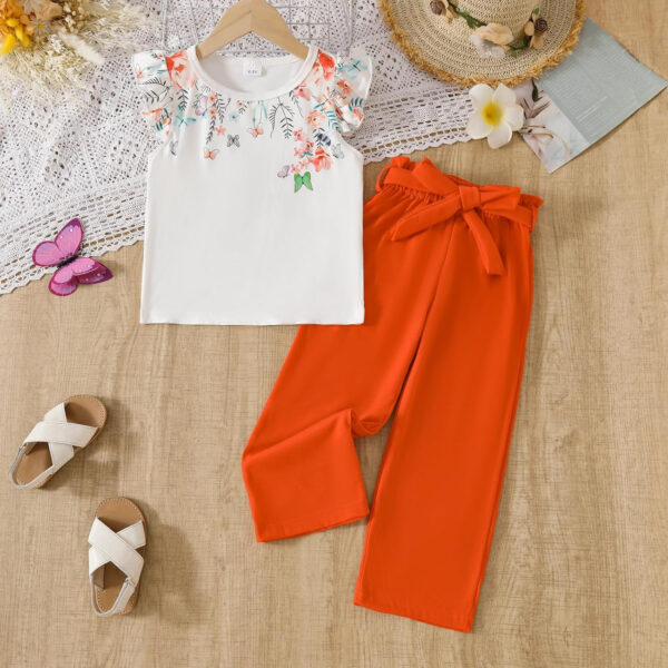 Toddler Kid Girl Clothes Casual Ruffle Sleeve Floral Printed Top Solid Pants with Belt 3PC Outfit Set