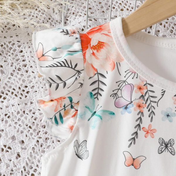 Toddler Kid Girl Clothes Casual Ruffle Sleeve Floral Printed Top Solid Pants with Belt 3PC Outfit Set