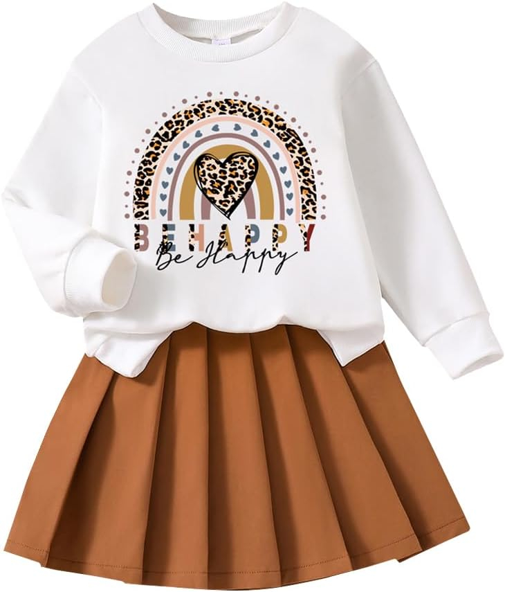 Toddler Girl Spring Fall Clothes - Fashion Letter Pattern Sweatshirt & Pleated Skirt - 2 Piece Cute Girls Suit