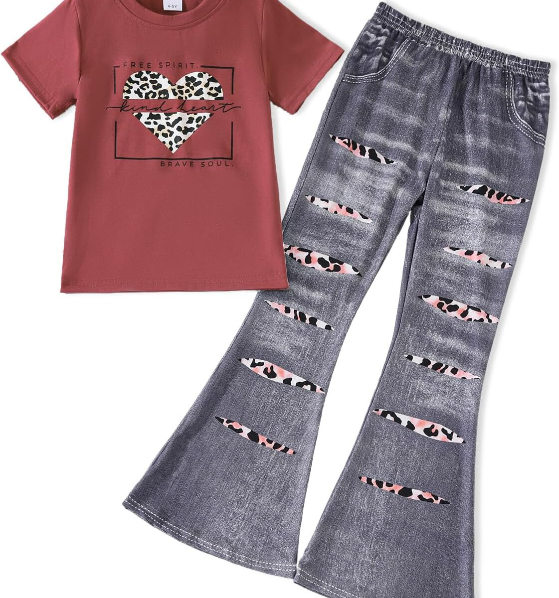 Kid Toddler Girl Summer Clothes Leopard & Heart Print Short Sleeve T-Shirt + Flared Leg Pants Outfits (Not Jeans)