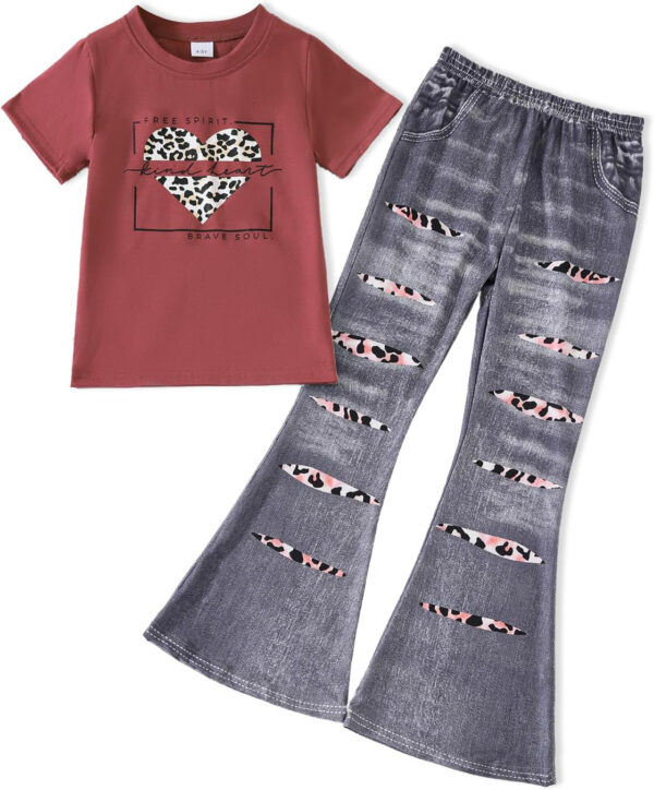688c4556dbdab1cef4a1c6bf841d8e5b5d5bf43b2aa74c2cb6378.jpg Kid Toddler Girl Summer Clothes Leopard & Heart Print Short Sleeve T-Shirt + Flared Leg Pants Outfits (Not Jeans)