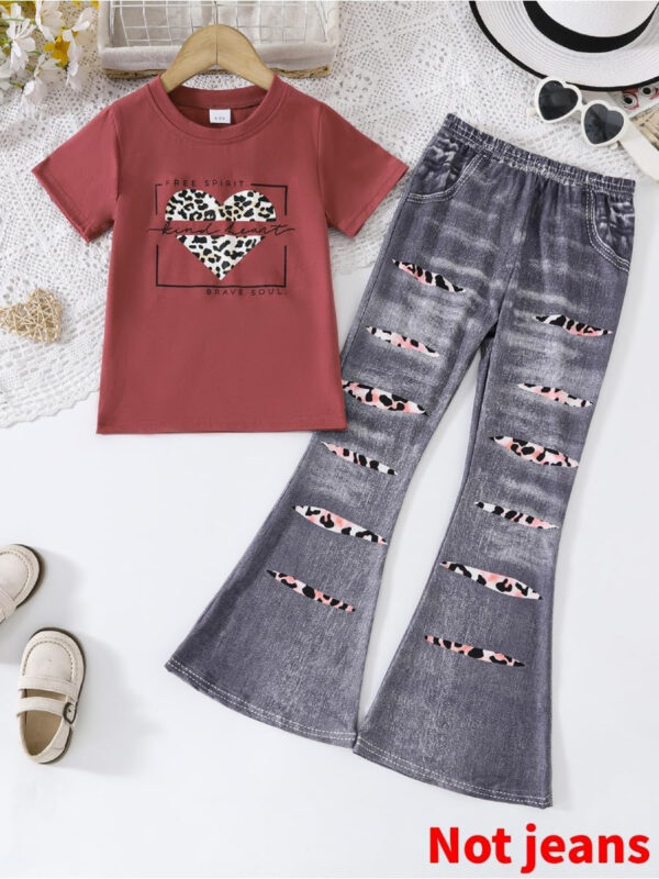 688c4557e26b06a2794197465367ac71f9c96f1656b485957da5d.jpg Kid Toddler Girl Summer Clothes Leopard & Heart Print Short Sleeve T-Shirt + Flared Leg Pants Outfits (Not Jeans)