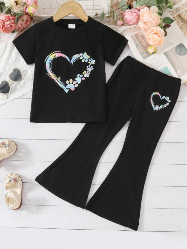 688c457214a09244e11f670ea716653c2e59bca41afbd6774a3e8.jpg Kid Toddler Girl Summer Clothes Leopard & Heart Print Short Sleeve T-Shirt + Flared Leg Pants Outfits (Not Jeans)