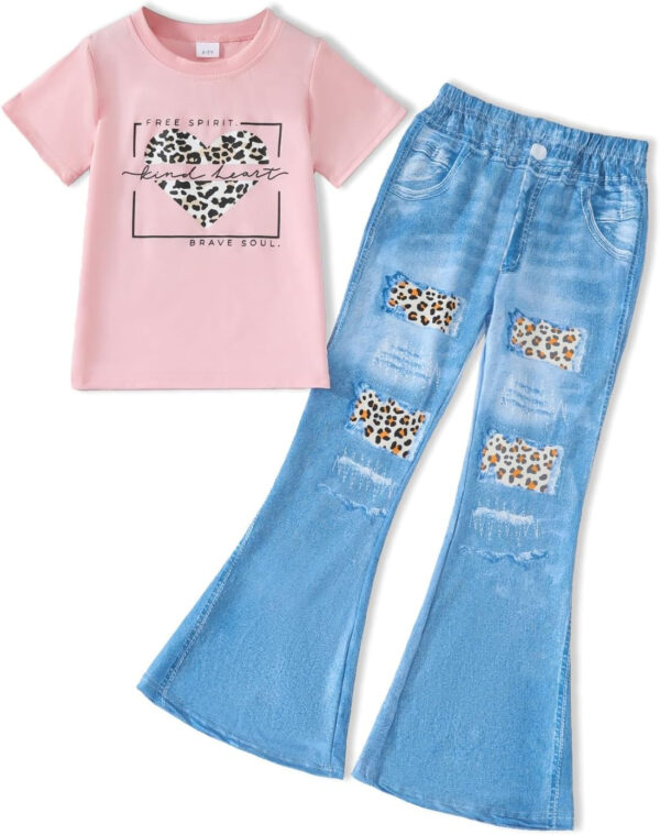 688c457c0914c1938e57ec818e11312d408dc5b7a009e3a6a3a02.jpg Kid Toddler Girl Summer Clothes Leopard & Heart Print Short Sleeve T-Shirt + Flared Leg Pants Outfits (Not Jeans)