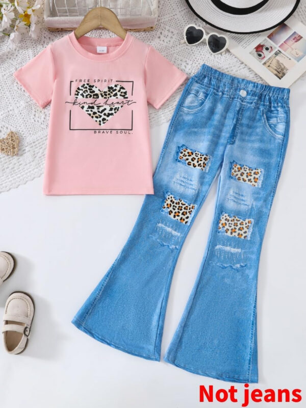 688c457d0c76fa232dc1069c233432ed2a52b2d6cf5447ca1ed47.jpg Kid Toddler Girl Summer Clothes Leopard & Heart Print Short Sleeve T-Shirt + Flared Leg Pants Outfits (Not Jeans)