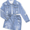 Girl's 2 Piece Denim Clothing Sets Ripped Raw Hem Denim Jacket with Mini Skirts