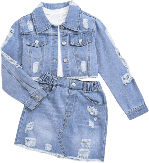 Girl's 2 Piece Denim Clothing Sets Ripped Raw Hem Denim Jacket with Mini Skirts