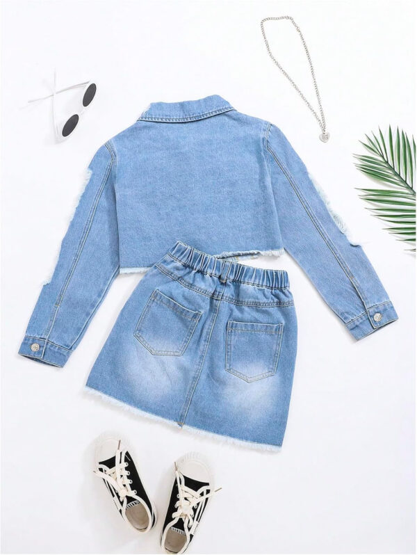 Girl's 2 Piece Denim Clothing Sets Ripped Raw Hem Denim Jacket with Mini Skirts