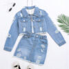 Girl's 2 Piece Denim Clothing Sets Ripped Raw Hem Denim Jacket with Mini Skirts