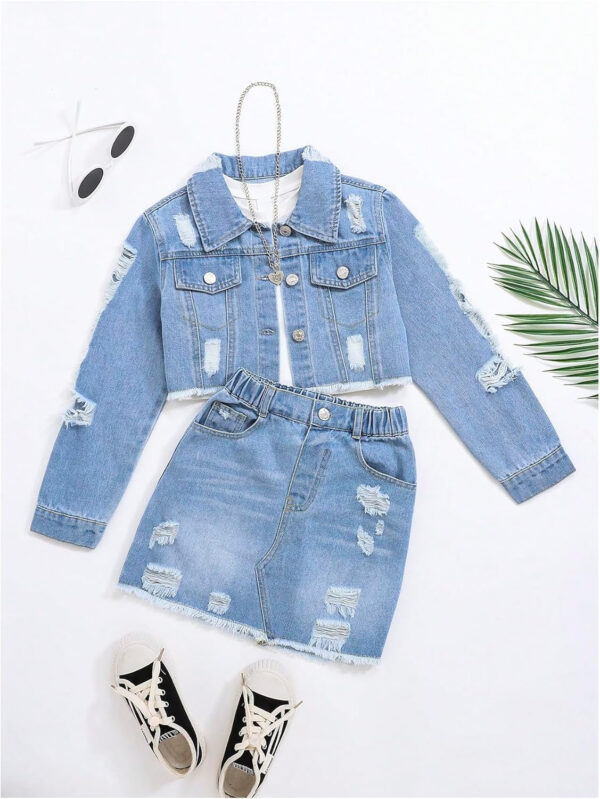 Girl's 2 Piece Denim Clothing Sets Ripped Raw Hem Denim Jacket with Mini Skirts