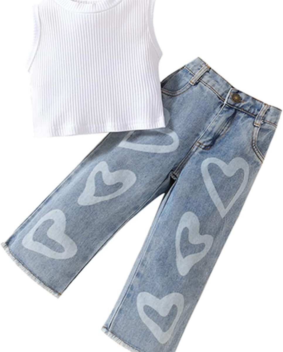 MA&BABY Toddler Girl Outfit 2T 3T 4T 5T 6T Ribbed Kids Girl Denim Summer 2-piece Outfits Tops Jeans Pants