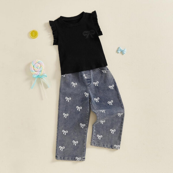 MA&BABY Toddler Girl Outfit 2T 3T 4T 5T 6T Ribbed Kids Girl Denim Summer 2-piece Outfits Tops Jeans Pants