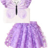 Girls' Clothing Sets Summer 2-Piece Set with Bow Detail Top and Purple Skirt for Kids 4-8 Years