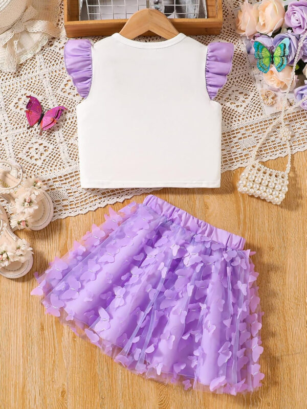 Girls' Clothing Sets Summer 2-Piece Set with Bow Detail Top and Purple Skirt for Kids 4-8 Years