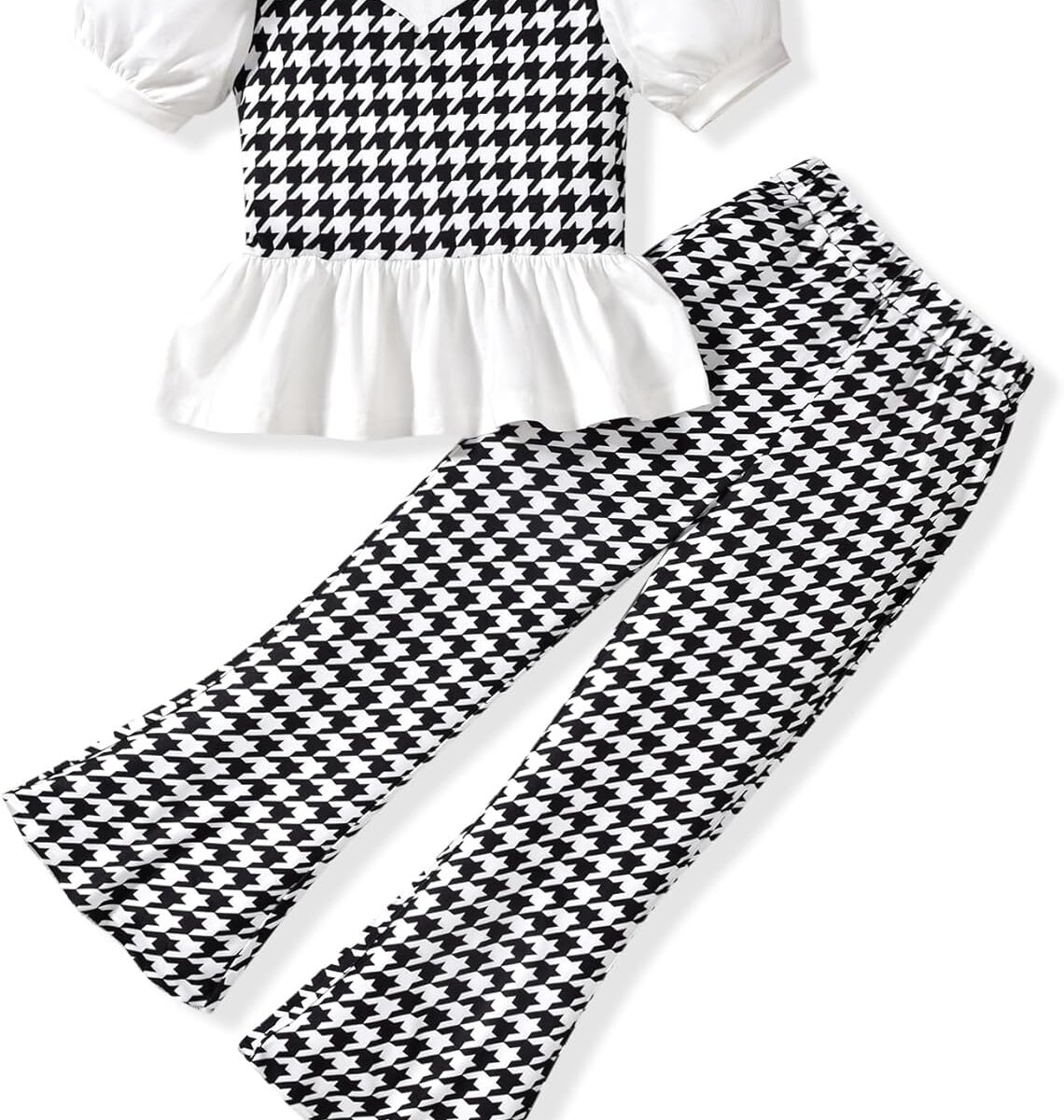 HIHA Toddler Girls Summer Outfit Puff Sleeve Ruffle Tops Flare Pants Clothes 2 Piece Clothing