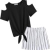 Arshiner Girls Short Sets 2 Pieces Outfits Short Sleeve Tie Knot T-Shirts and Casual Shorts With Pockets Cute Clothes Sets