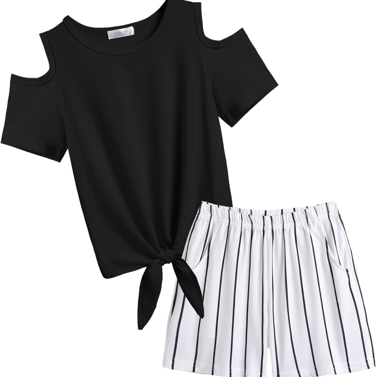Arshiner Girls Short Sets 2 Pieces Outfits Short Sleeve Tie Knot T-Shirts and Casual Shorts With Pockets Cute Clothes Sets