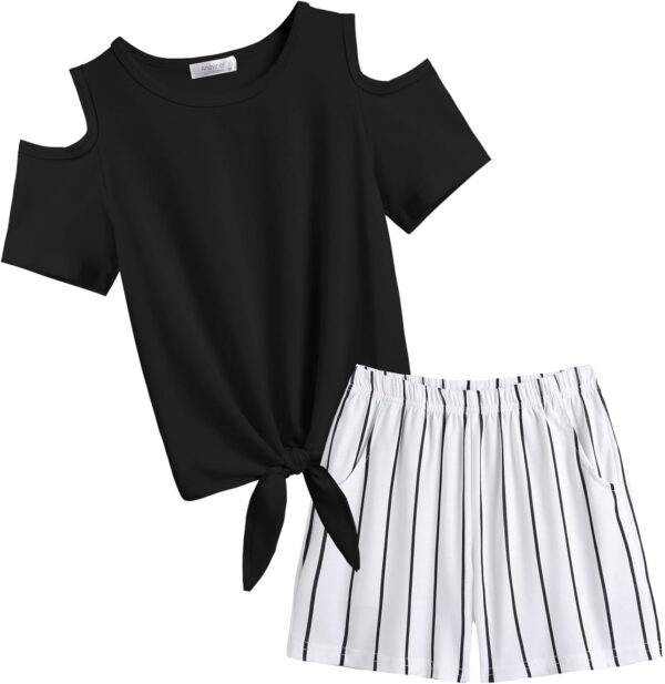 Arshiner Girls Short Sets 2 Pieces Outfits Short Sleeve Tie Knot T-Shirts and Casual Shorts With Pockets Cute Clothes Sets