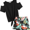 Arshiner Girls Short Sets 2 Pieces Outfits Short Sleeve Tie Knot T-Shirts and Casual Shorts With Pockets Cute Clothes Sets