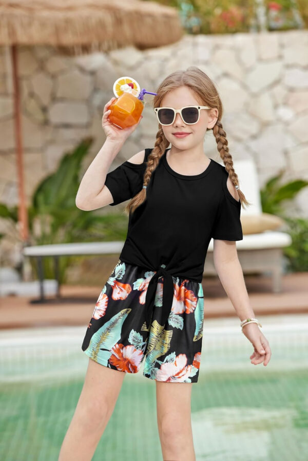 Arshiner Girls Short Sets 2 Pieces Outfits Short Sleeve Tie Knot T-Shirts and Casual Shorts With Pockets Cute Clothes Sets