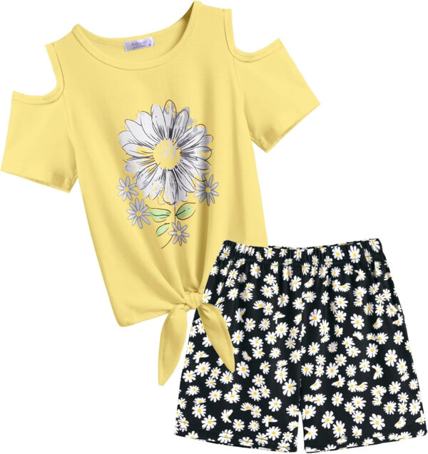 Arshiner Girls Short Sets 2 Pieces Outfits Short Sleeve Tie Knot T-Shirts and Casual Shorts With Pockets Cute Clothes Sets