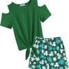 Arshiner Girls Short Sets 2 Pieces Outfits Short Sleeve Tie Knot T-Shirts and Casual Shorts With Pockets Cute Clothes Sets