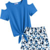 Arshiner Girls Short Sets 2 Pieces Outfits Short Sleeve Tie Knot T-Shirts and Casual Shorts With Pockets Cute Clothes Sets